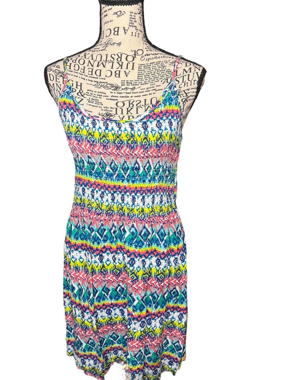 Y2K Vibrant Multicolor Geometric Tribal Smocked Tank Dress Size XL NWT